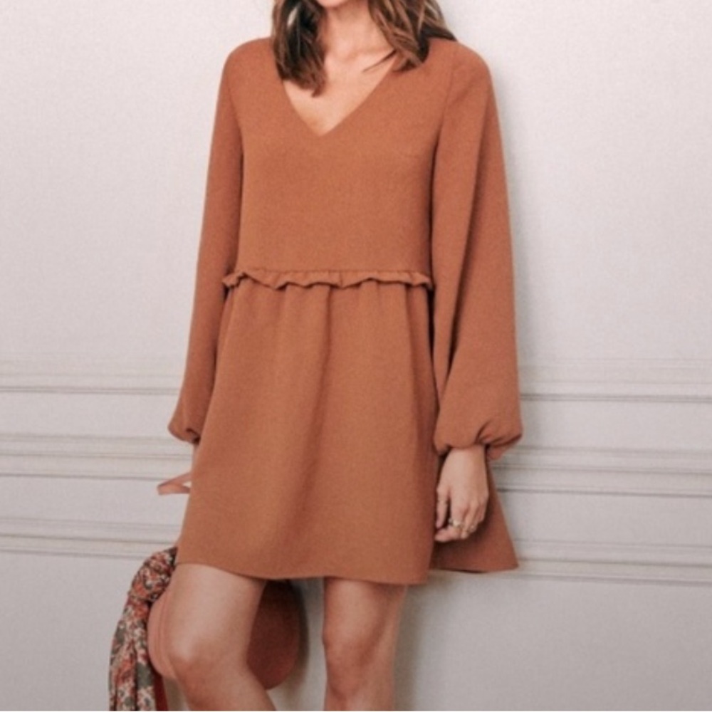 Sezane Womens brown Penelope long sleeve mini dress in hazelnut 34/2